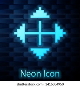 Glowing neon Pixel arrows in four directions icon isolated on brick wall background. Cursor move sign.  Vector Illustration