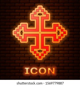 Glowing neon Pixel arrows in four directions icon isolated on brick wall background. Cursor move sign.  Vector Illustration