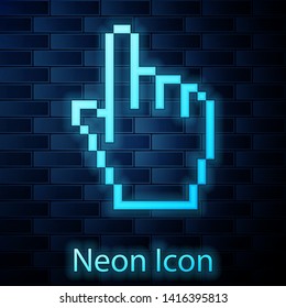 Glowing neon Pixel hand cursor icon isolated on brick wall background. Pointer hand cursor.  Vector Illustration