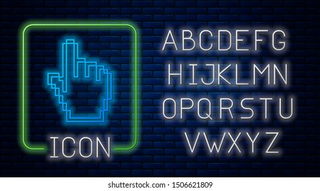Glowing neon Pixel hand cursor icon isolated on brick wall background. Pointer hand cursor. Neon light alphabet. Vector Illustration
