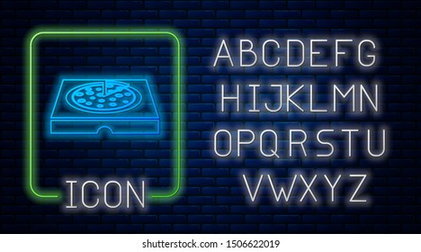 Glowing neon Pizza in cardboard box icon isolated on brick wall background. Box with layout elements. Neon light alphabet. Vector Illustration