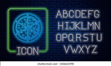 Glowing neon Pizza icon isolated on brick wall background. Neon light alphabet. Vector Illustration