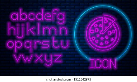 Glowing neon Pizza icon isolated on brick wall background. Neon light alphabet. Vector Illustration