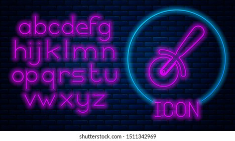 Glowing neon Pizza knife icon isolated on brick wall background. Pizza cutter sign. Steel kitchenware equipment. Neon light alphabet. Vector Illustration