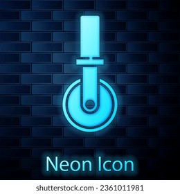 Glowing neon Pizza knife icon isolated on brick wall background. Pizza cutter sign. Steel kitchenware equipment.  Vector