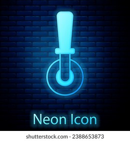 Glowing neon Pizza knife icon isolated on brick wall background. Pizza cutter sign. Steel kitchenware equipment.  Vector