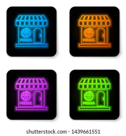 Glowing neon Pizzeria building facade icon isolated on white background. Fast food pizzeria kiosk. Black square button. Vector Illustration