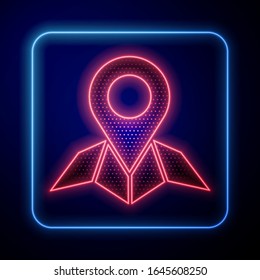 Glowing neon Placeholder on map paper in perspective icon isolated on blue background.  Vector Illustration