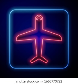 Glowing neon Plane icon isolated on blue background. Flying airplane icon. Airliner sign.  Vector Illustration