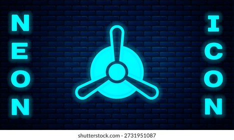 Glowing neon Plane propeller icon isolated on brick wall background. Vintage aircraft propeller.  Vector