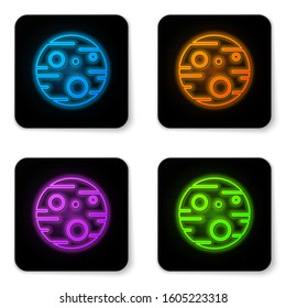 Glowing neon Planet Mars icon isolated on white background. Black square button. Vector Illustration