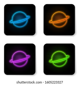 Glowing neon Planet Saturn with planetary ring system icon isolated on white background. Black square button. Vector Illustration