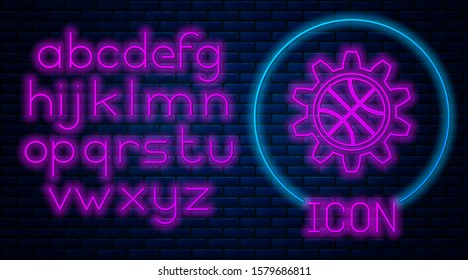 Glowing neon Planning strategy concept icon isolated on brick wall background. Basketball cup formation and tactic. Neon light alphabet. Vector Illustration