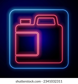 Glowing neon Plastic bottle for laundry detergent, bleach, dishwashing liquid or another cleaning agent icon isolated on blue background.  Vector