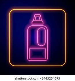 Glowing neon Plastic bottle for laundry detergent, bleach, dishwashing liquid or another cleaning agent icon isolated on black background.  Vector