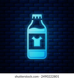 Glowing neon Plastic bottle for laundry detergent, bleach, dishwashing liquid or another cleaning agent icon isolated on brick wall background.  Vector