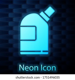 Glowing neon Plastic bottles for laundry detergent, bleach, dishwashing liquid or another cleaning agent icon isolated on brick wall background. Vector Illustration