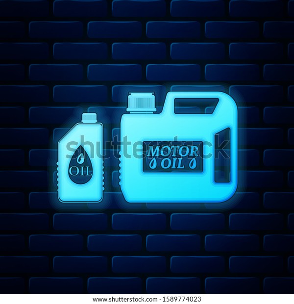Glowing neon Plastic\
canister for motor machine oil icon isolated on brick wall\
background. Oil gallon. Oil change service and repair. Engine oil\
sign.  Vector\
Illustration