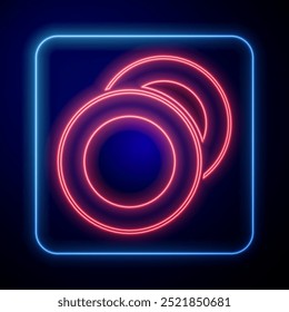 Glowing neon Plate icon isolated on blue background. Cutlery symbol. Restaurant sign.  Vector Illustration