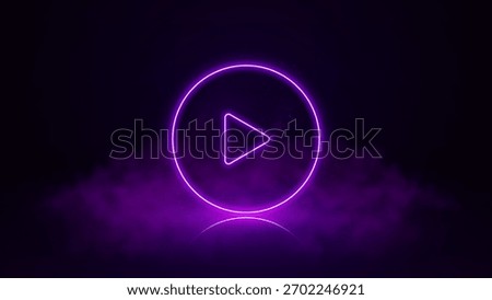 Glowing neon play button on dark futuristic background. Neon user interface launch button. Start button UI. Vector illustration