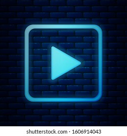 Glowing neon Play in square icon isolated on brick wall background.  Vector Illustration