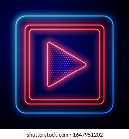 Glowing neon Play in square icon isolated on blue background.  Vector Illustration