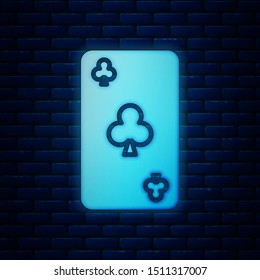 Glowing neon Playing card with clubs symbol icon isolated on brick wall background. Casino gambling.  Vector Illustration