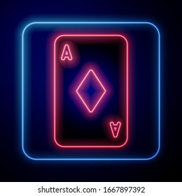 Glowing neon Playing card with diamonds symbol icon isolated on blue background. Casino gambling.  Vector Illustration