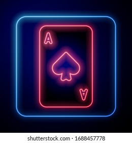 Glowing neon Playing card with spades symbol icon isolated on blue background. Casino gambling.  Vector Illustration