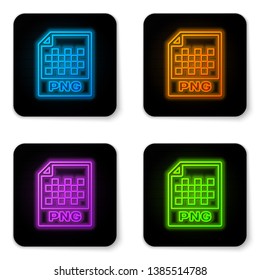 Glowing neon PNG file document icon. Download png button icon isolated on white background. PNG file symbol. Black square button. Vector Illustration