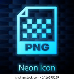 Glowing Neon PNG File Document Icon. Download Png Button Icon Isolated On Brick Wall Background. PNG File Symbol. Vector Illustration