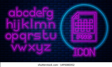 Glowing Neon PNG File Document. Download Png Button Icon Isolated On Brick Wall Background. PNG File Symbol. Neon Light Alphabet. Vector Illustration