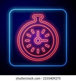 Glowing neon Pocket watch icon isolated on black background.  Vector