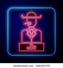 Glowing neon Poker player icon isolated on blue background.  Vector Illustration