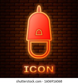 Glowing neon Police cap with cockade icon isolated on brick wall background. Police hat sign.  Vector Illustration