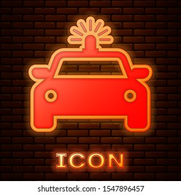 Glowing neon Police car and police flasher icon isolated on brick wall background. Emergency flashing siren.  Vector Illustration