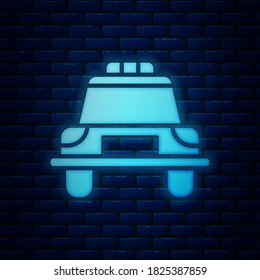 Glowing neon Police car and police flasher icon isolated on brick wall background. Emergency flashing siren.  Vector Illustration