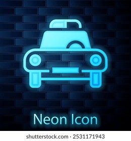 Glowing neon Police car and police flasher icon isolated on brick wall background. Emergency flashing siren.  Vector