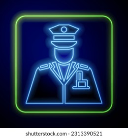 Glowing neon Police officer icon isolated on blue background.  Vector Illustration