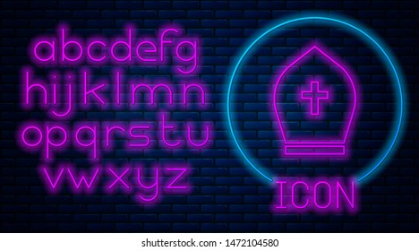 Glowing neon Pope hat icon isolated on brick wall background. Christian hat sign. Neon light alphabet. Vector Illustration