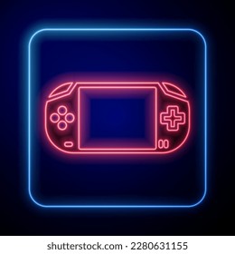 Glowing neon Portable video game console icon isolated on blue background. Gamepad sign. Gaming concept.  Vector Illustration