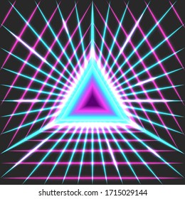 Glowing neon portal triangle geometric shape with space distortion grid, 80s night club poster mockup, cyberpunk neon illustration