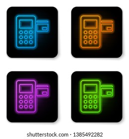 Glowing neon Pos terminal with inserted credit card icon isolated on white background. Payment terminal transaction. Black square button. Vector Illustration