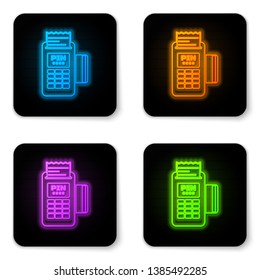 Glowing neon POS terminal with inserted credit card and printed reciept icon isolated on white background. NFC payment concept. Black square button. Vector Illustration