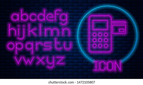 Glowing neon Pos terminal with inserted credit card icon isolated on brick wall background. Payment terminal transaction. Neon light alphabet. Vector Illustration