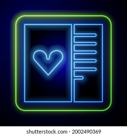 Glowing neon Postcard with heart icon isolated on blue background. Message love. Letter love and romance.  Vector