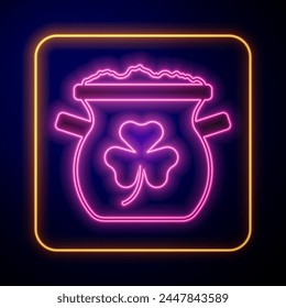 Glowing neon Pot of gold coins icon isolated on black background. Happy Saint Patricks day. National Irish holiday.  Vector
