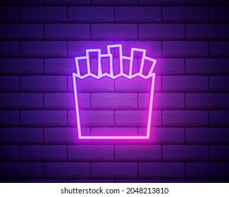 Glowing neon Potatoes french fries in carton package box icon isolated on brick wall background. Fast food menu. Vector.