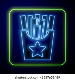 Glowing neon Potatoes french fries in carton package box icon isolated on blue background. Fast food menu.  Vector