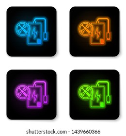 Glowing neon Power bank with screwdriver and wrench icon isolated on white background. Adjusting, service, setting, maintenance, repair, fixing. Black square button. Vector Illustration